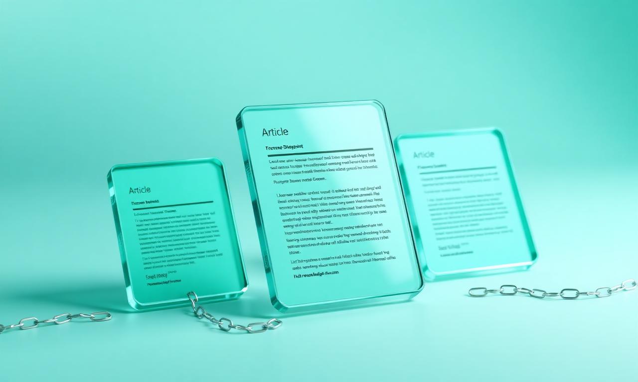 Translucent teal glass article cards linked by chains on a mint gradient