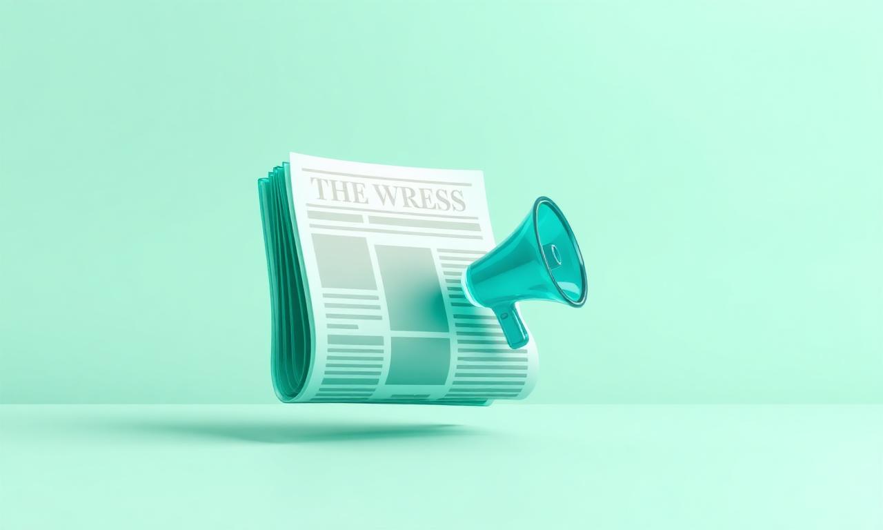 Translucent teal glass newspaper and megaphone illustration on a mint gradient